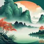 唯美新中式背景，湖水，旭日东升，云雾缭绕，绿色
