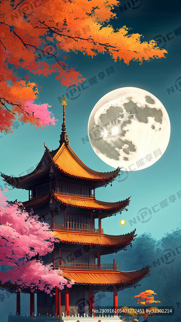 中秋颜色较丰富有花有钟楼有月亮