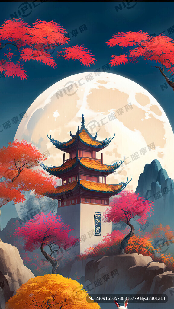 景区中秋颜色较丰富有花有月亮有