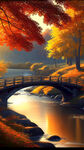 秋天，小桥流水，枫树叶，夕阳，唯美，梦幻