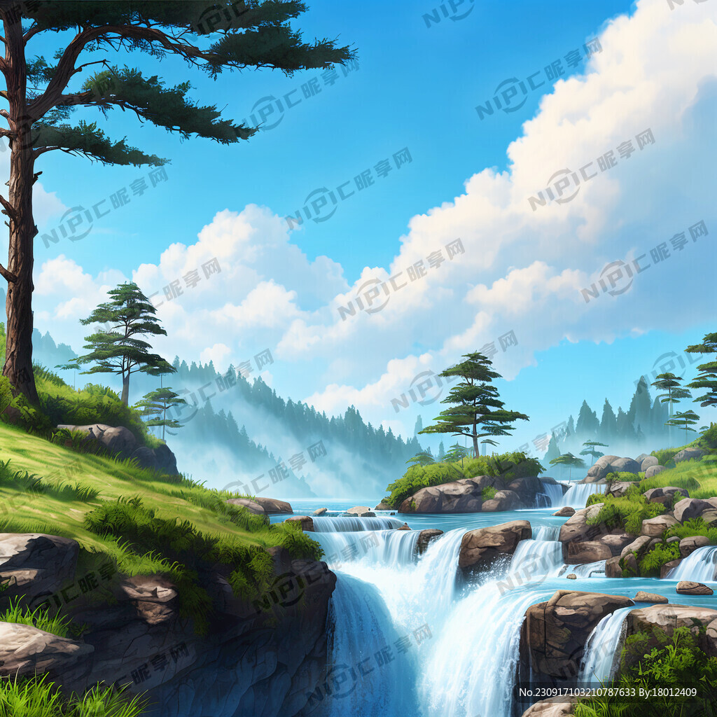 迎客松瀑布清澈的水蓝天白云草地