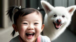 一个扎着马尾的小女孩，包着一只小白狗，脸上开心的大笑，下牙中间掉了一颗牙。