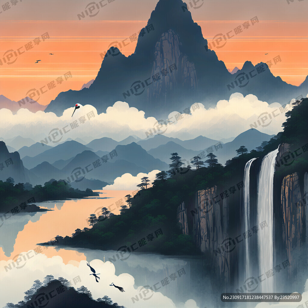 千里江山 太阳 仙鹤 瀑布