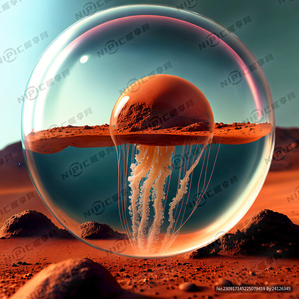 火星场景 水母在透明气泡中