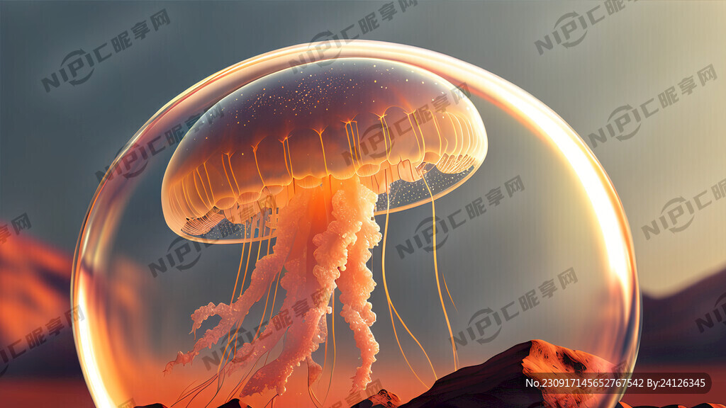 火星场景 水母在透明气泡中