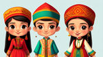 少数民族塔吉克族卡通女孩男孩两人戴帽子穿衣服跟裙子穿鞋子全身站立全身照卡通人物全身鞋子