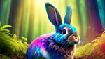一个耳朵长长的五彩斑斓的兔子，在一个茂密奇幻的森林里