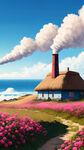 蓝天白云，山脚下的茅草屋烟囱冒着烟，草地，粉色玫瑰花的海洋，