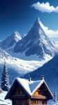 雪，唯美梦幻，山，蓝天白云，白雪覆盖的小屋