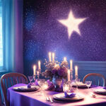 温馨晚宴，蓝紫色调，有模糊的灯光，星光闪闪的感觉