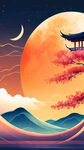 海报背景图,中秋节,波光粼粼的水面大的月亮,色彩丰富