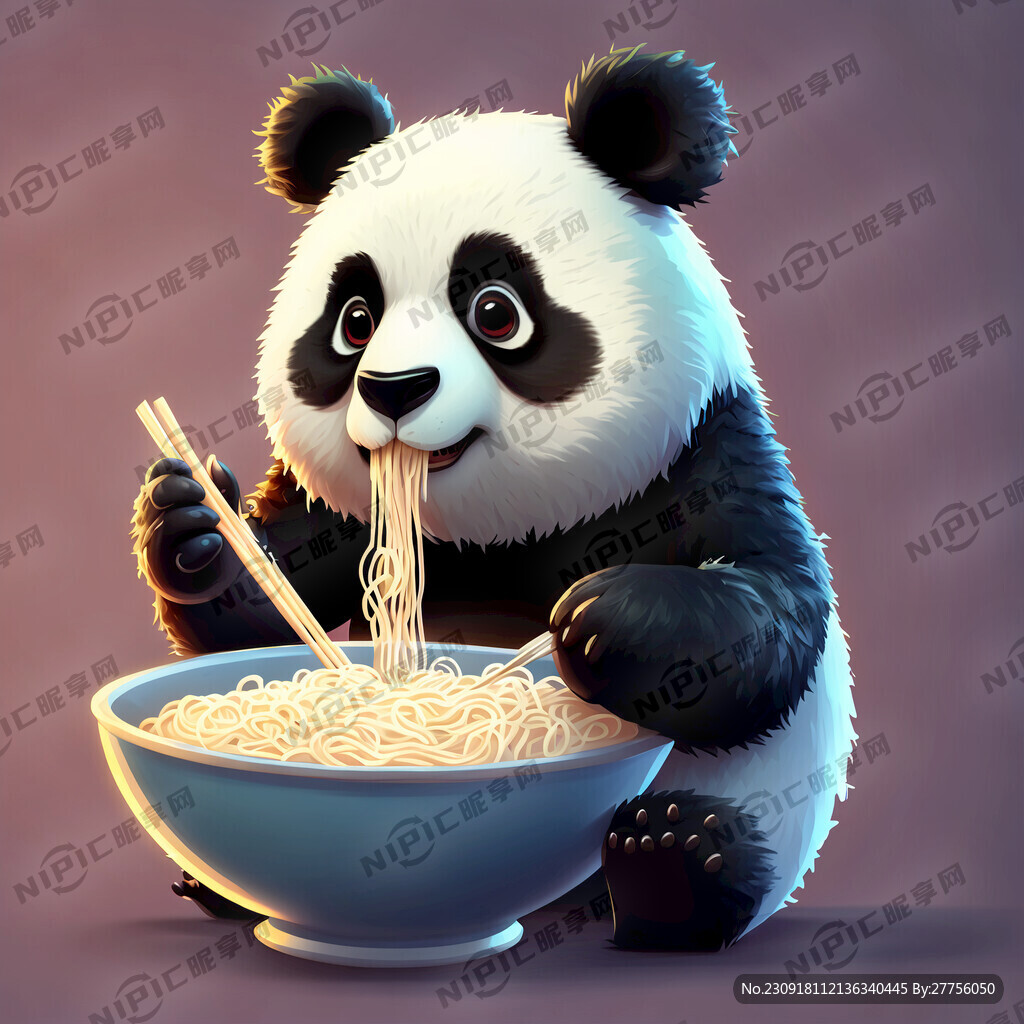 卡通熊猫吃米线