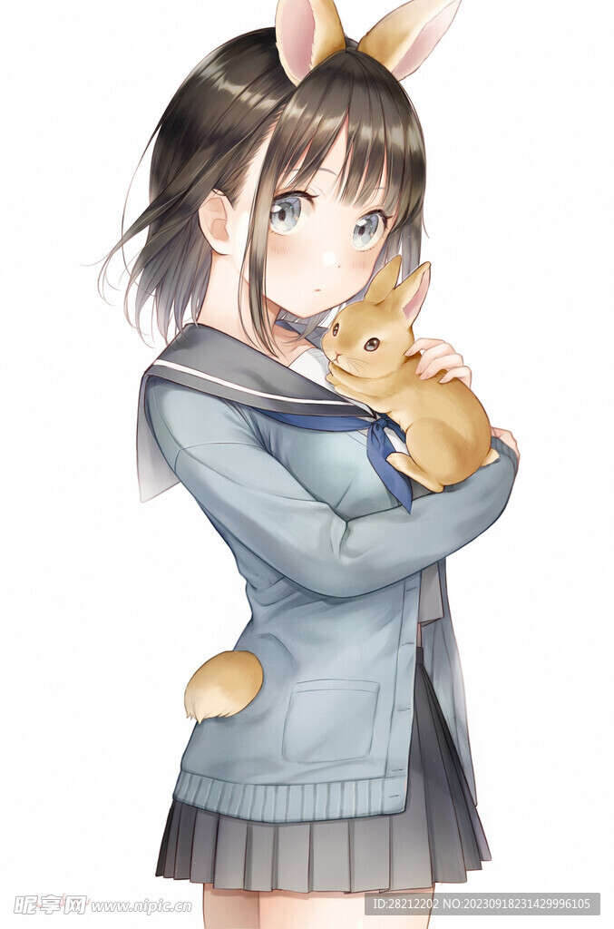 少女抱兔子插画