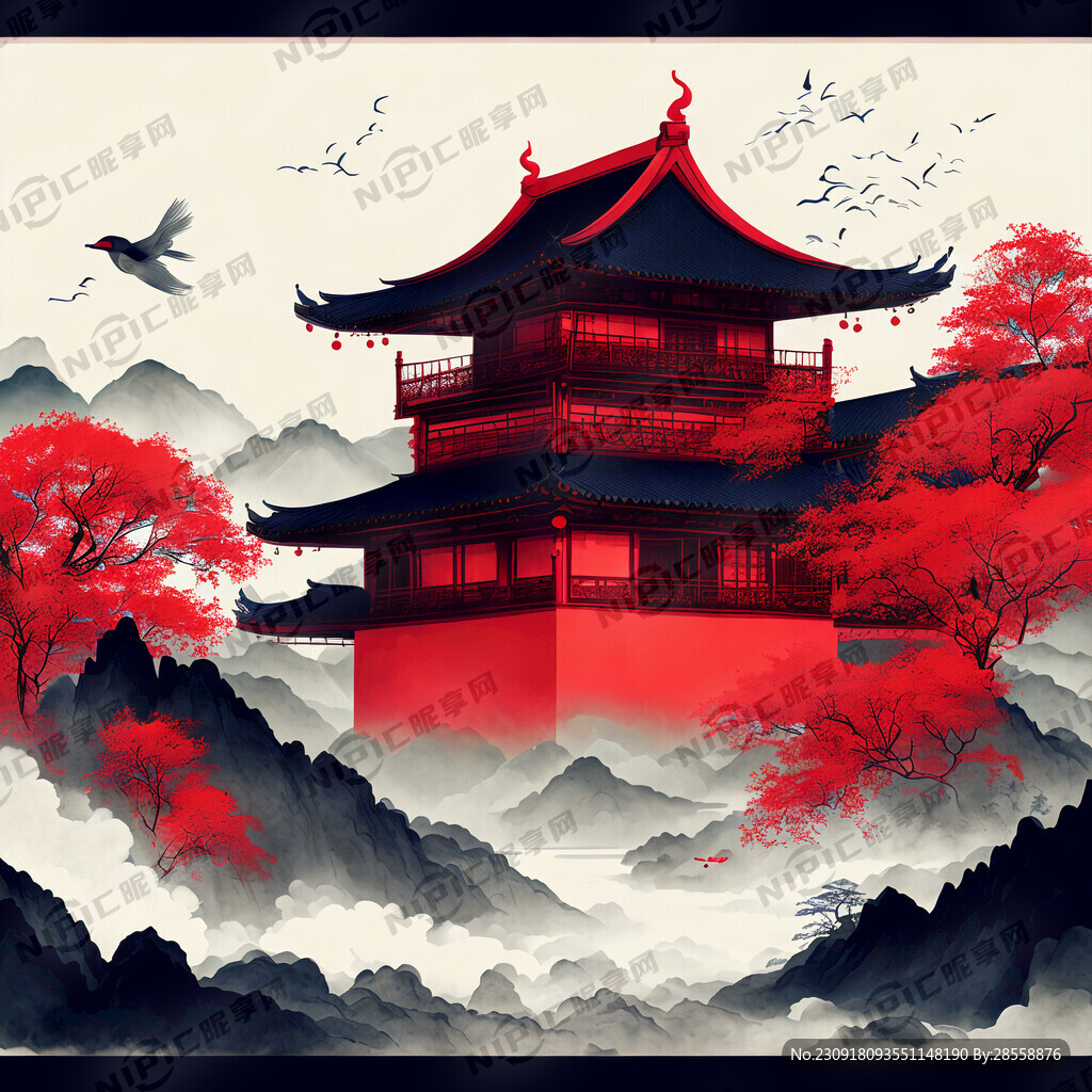 国潮风景 山水 红色