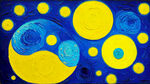 油画，黄色圆月，深蓝色背景