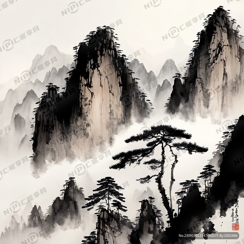 山水画主题 黄山 背景美女