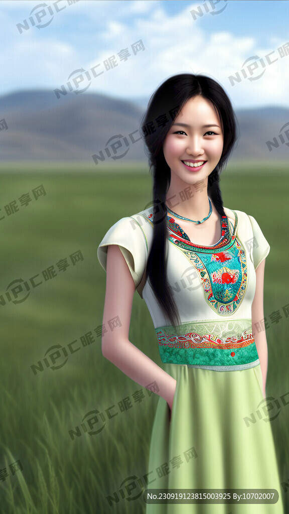 美女草原苗条微笑