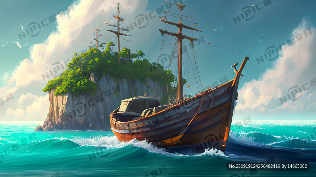AI创作图海浪 船 海岛nipic.com-昵图网