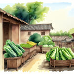 晴空万里，朴实的中国老农民，在自己院子里种菜，菜的品种很多，品种丰富，矢量图，卡通画，大广角