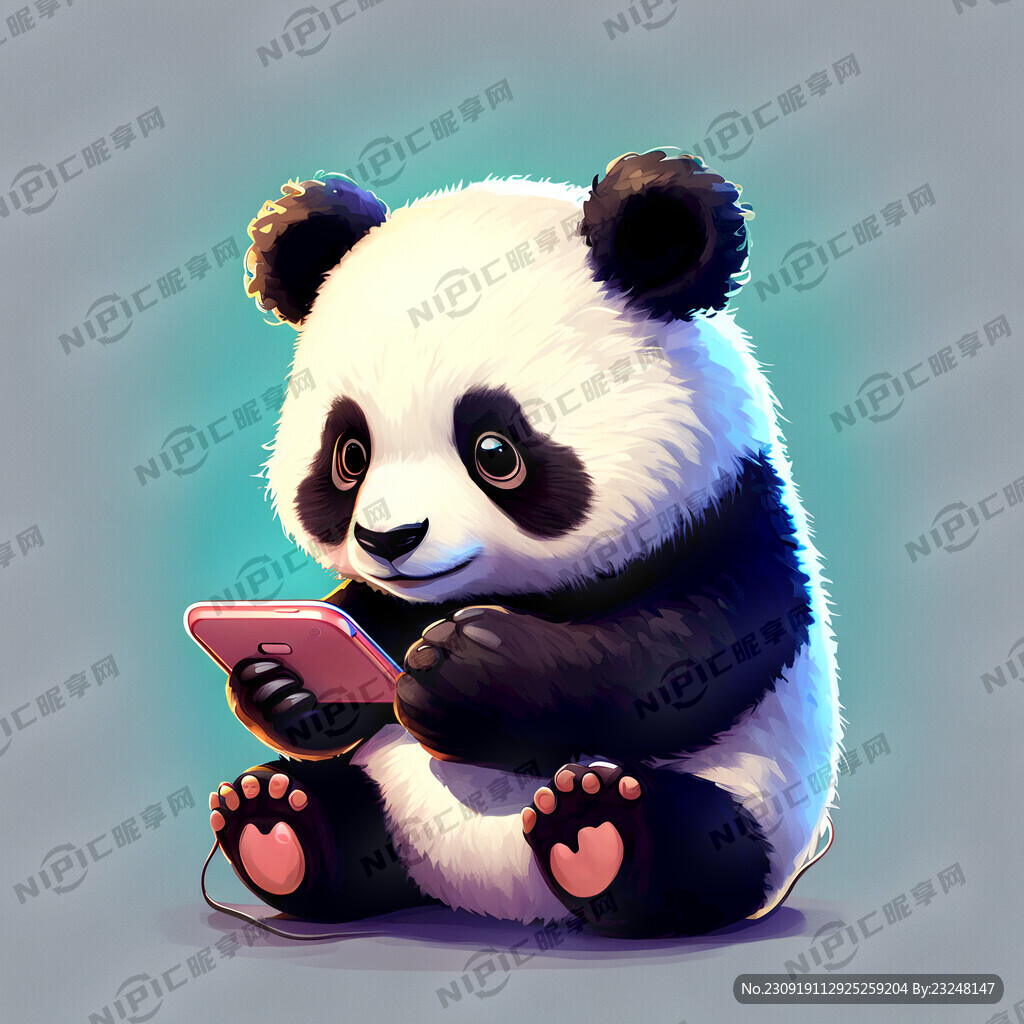 一只可爱的熊猫在玩手机
