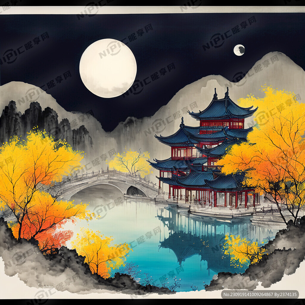 中秋节大唐城池夜景圆月