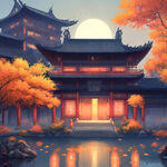 宏伟建筑，中秋节，大唐建筑群，夜景画作