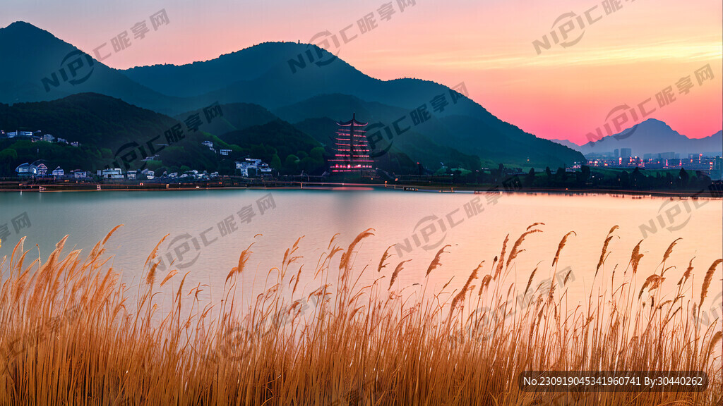 俯瞰沙家浜阳澄湖芦苇荡晚霞