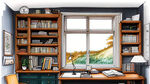马克笔手绘两点透视北欧小清新风格的有飘窗有书桌的书房