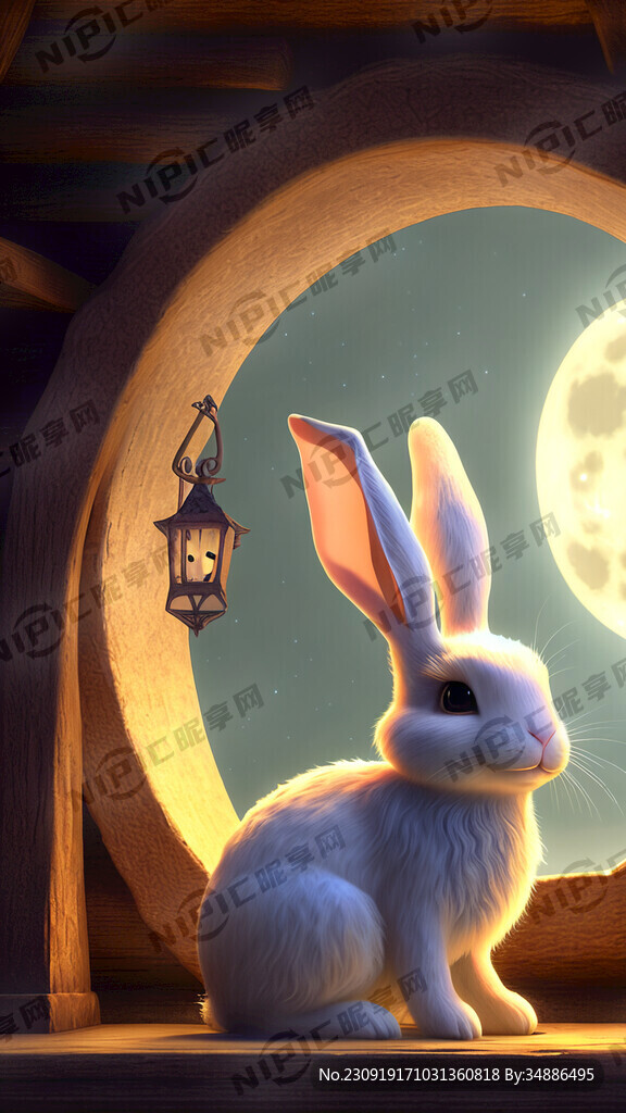 满月 古代仙子 小兔子 阁楼