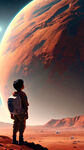 一个男孩与一个女孩在火星上仰望地球，看见一个外星人，梦幻唯美，超高清，细节刻画，电影般环境，清晰