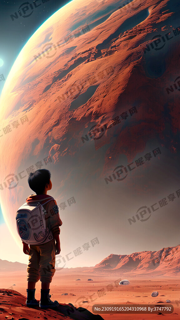 一个男孩与一个女孩在火星上仰望