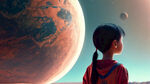 一个男孩，一个女孩，外星人在火星上仰望地球，梦幻唯美，超高清，细节刻画，电影般环境，清晰