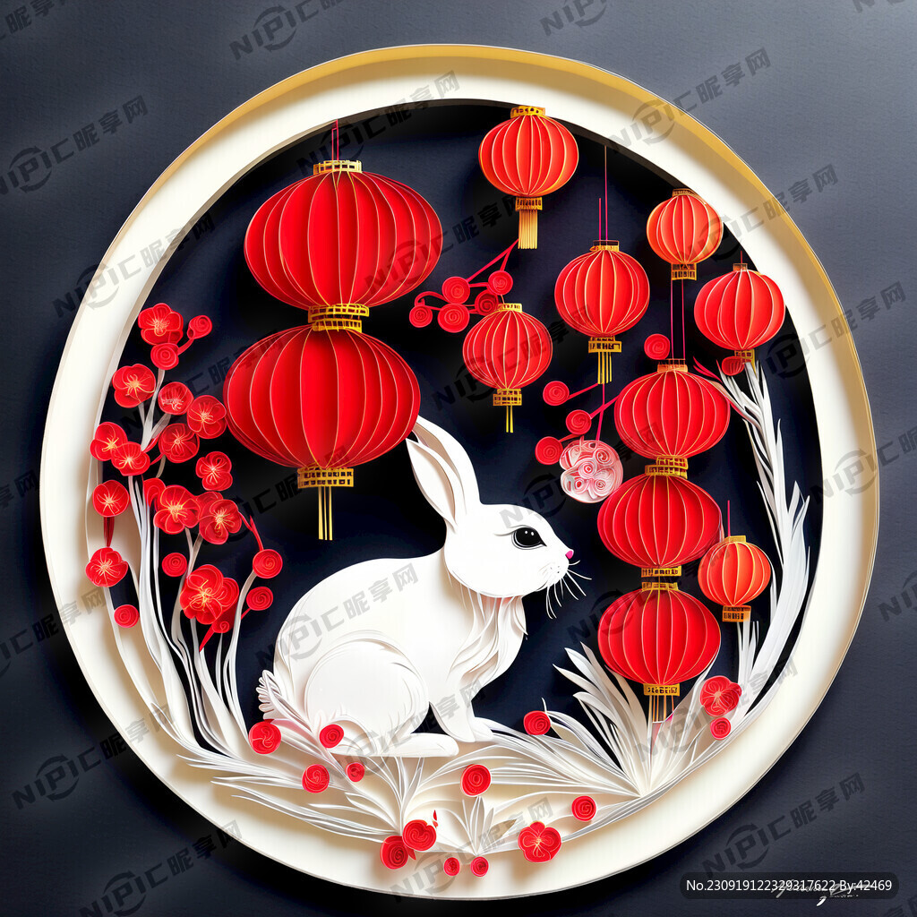 衍纸艺术 春节 可爱兔子 红梅