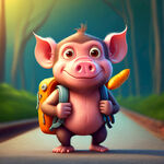 卡通人物，猴子拉着小猪去旅行，背着大背包，背包里装满了烤红薯