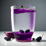 紫色的不透明浆液装在杯子里，被投入的桑葚和紫薯溅起水花，纯白背景摄影图