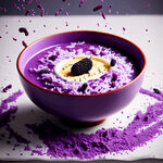 紫色的米汤装在碗里，被投入的桑葚和紫薯溅起，摄影图
