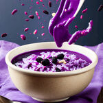紫色的米汤装在碗里，被投入的桑葚和紫薯溅起，没有米，摄影图
