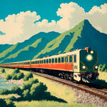 复古火车3D画，背景为蓝天白云绿水青山，火车头从破墙冲出