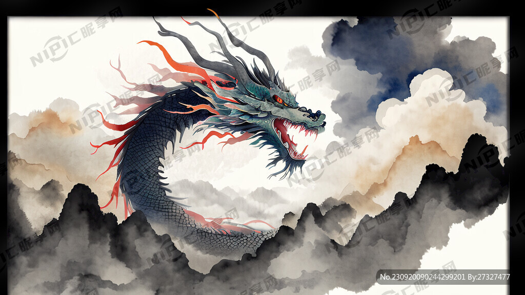 龙；周围祥云；水墨风；