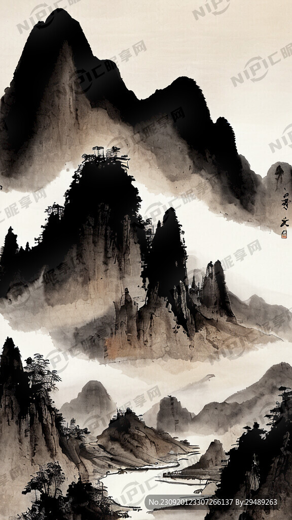 山谷 中国风 中国画 山水