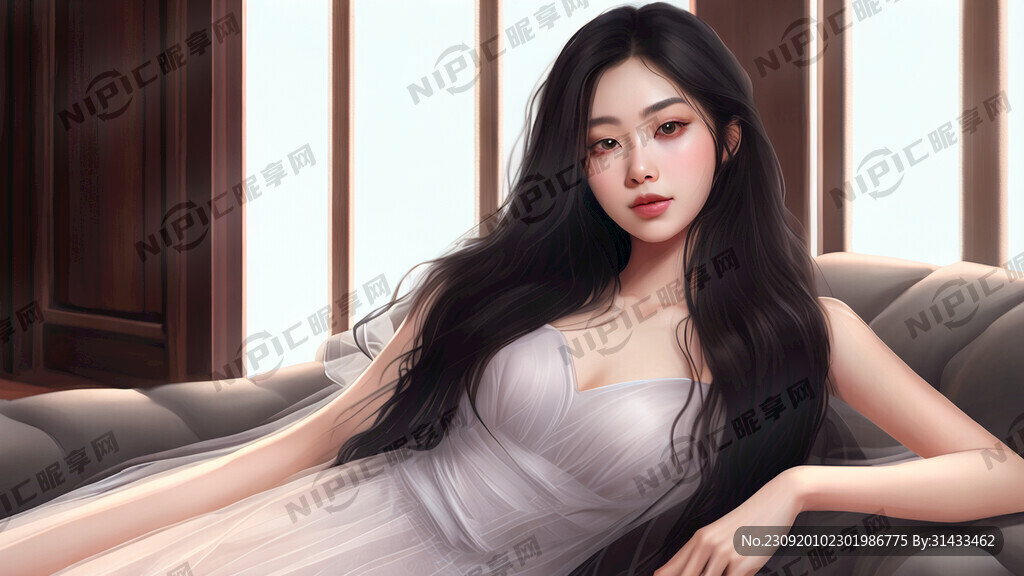长发眼睛女穿薄纱衣服躺卧沙发全