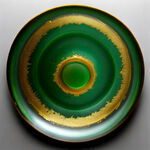 琉璃圆盘俯视图，琉璃材质，墨绿色，洒金，不透明