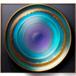 琉璃圆盘俯视图，琉璃材质，青蓝色，金粉，不透明