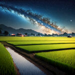 在农村的晚上有稻田的田野星星很多