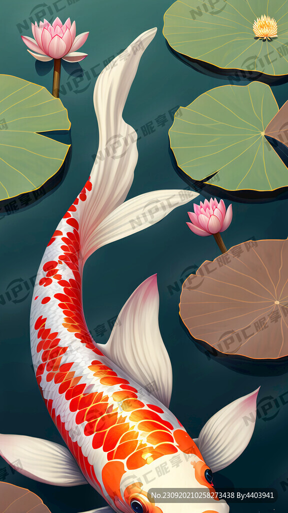 两条 大锦鲤 大荷花 荷叶