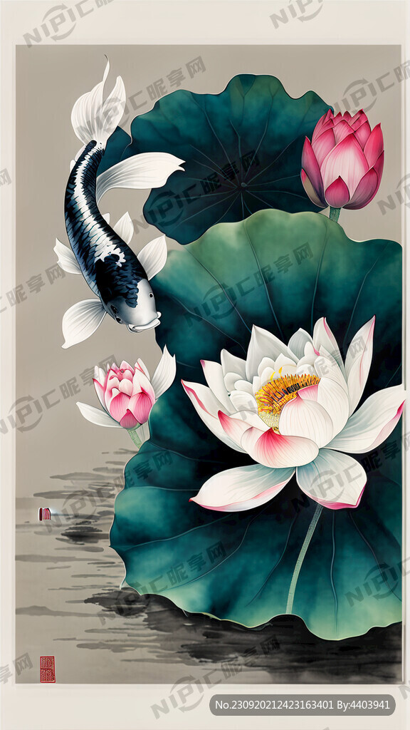 三条锦鲤 大荷花 荷叶