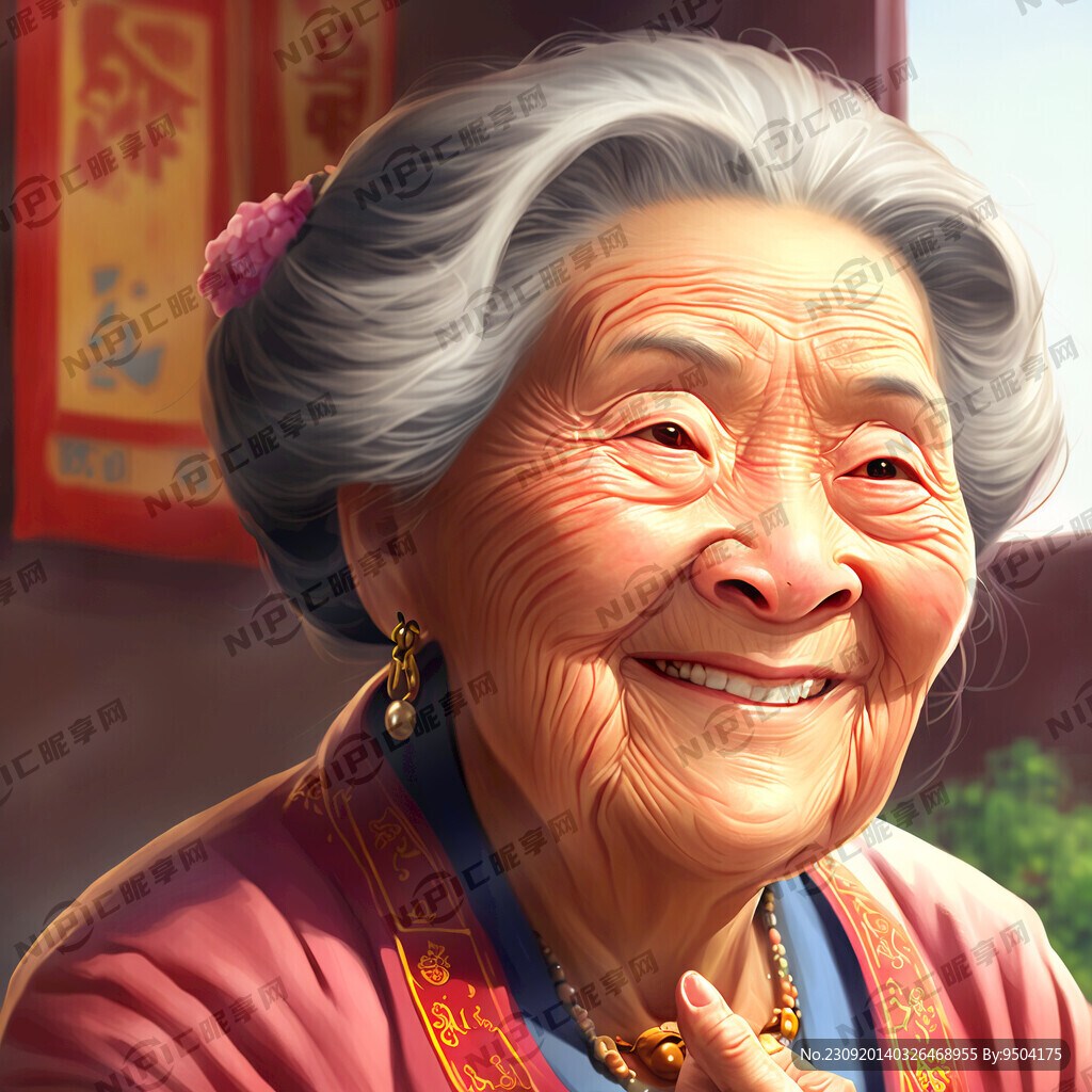 满脸笑容的老太婆手端猪蹄竖起大