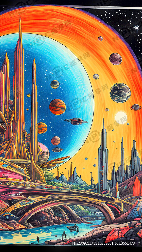 未来宇宙和地球幻想 马克笔画