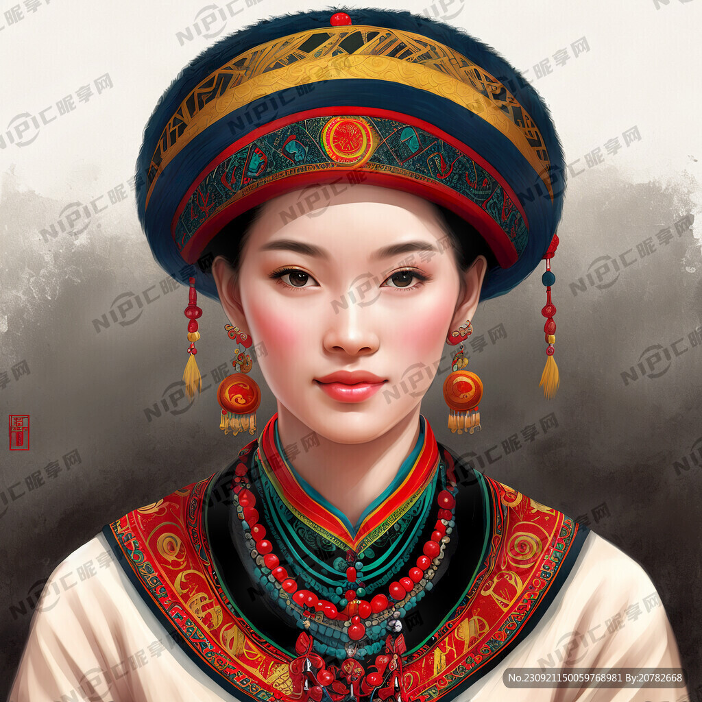 彝族人物 半身像 美女 插画