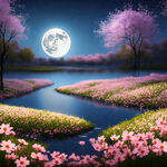 春天的夜晚，明月照着大地，大地开满鲜花，附近有条河，河水静静的流淌